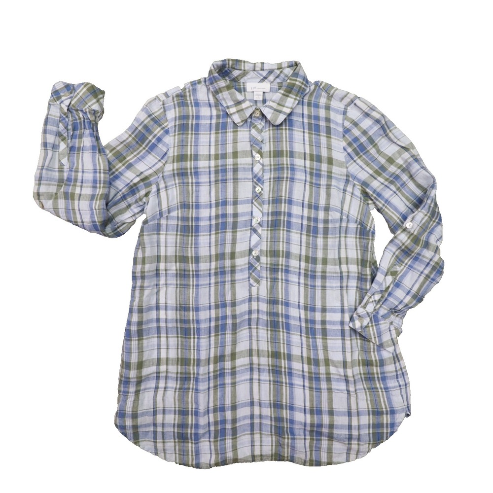 J.Jill Love Linen Blue Plaid Long Sleeve Popover Shirt Women's size Small Beach